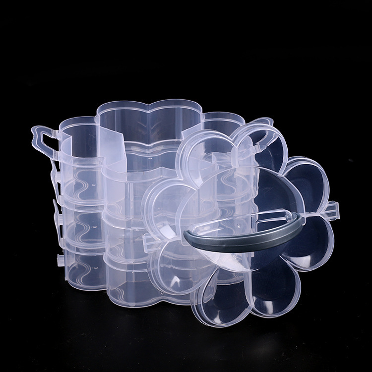 Plum blossom three-layer fixed storage box Jewelry accessories buttons beaded round plastic box tool box Makeup box Specification drawing