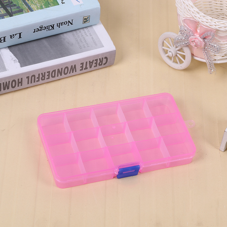 One-piece 15-grid single-button jewelry transparent loose bead Electronic accessories button beaded rectangular plastic box Specification drawing