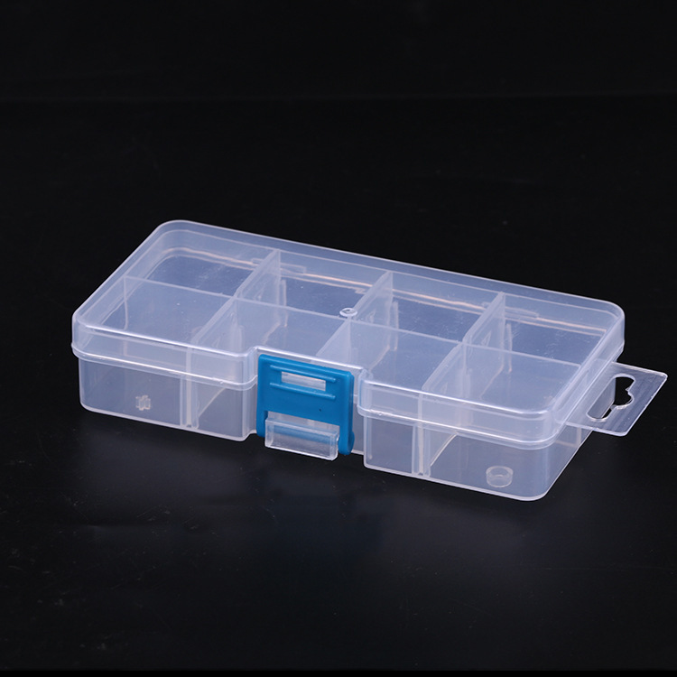 Wholesale single button small 8 grid transparent plastic storage box fish hook storage box pill box leather ring box detachable factory direct sales Specification drawing
